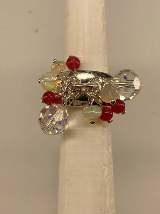 Artisan Jewelry - Q420. Opal, Ruby And Vintage AB Crystal Stretch Ring
